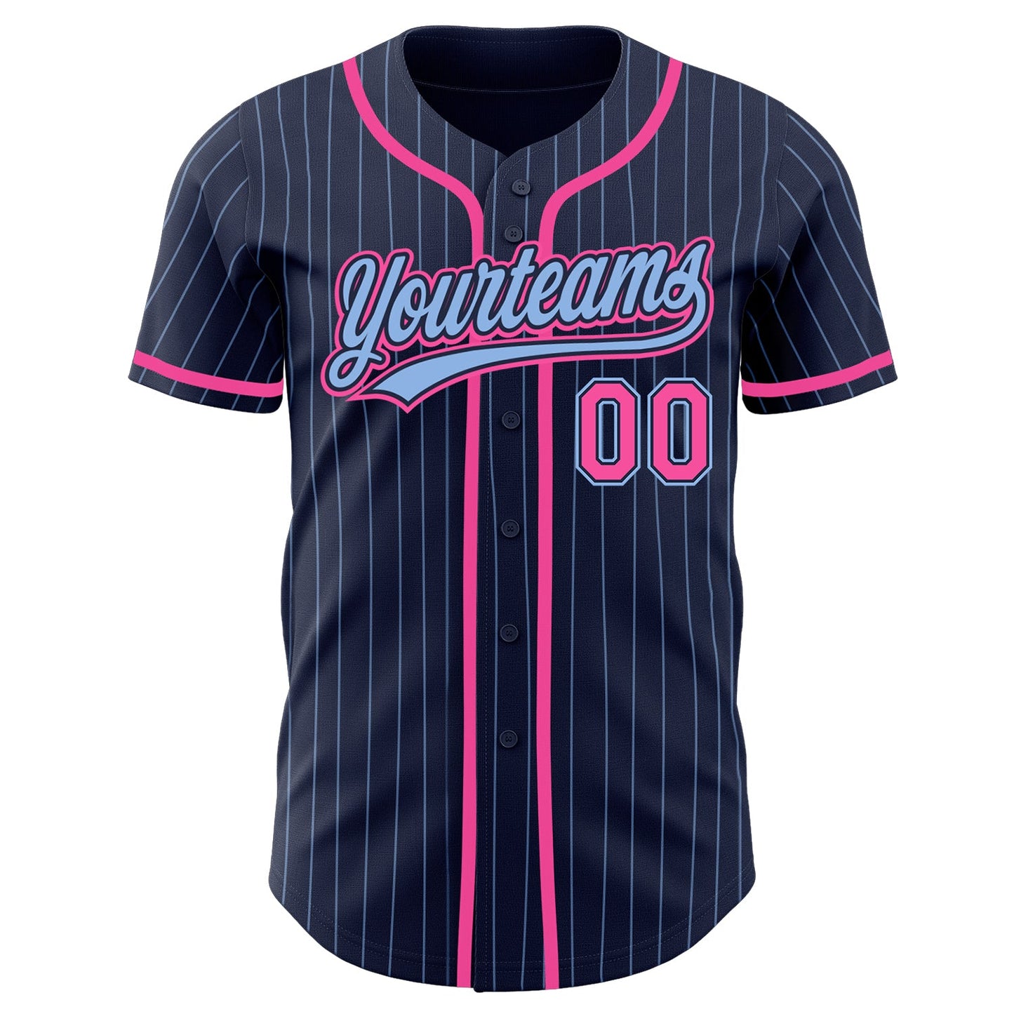 Custom Navy Light Blue Pinstripe Pink Authentic Baseball Jersey view 3