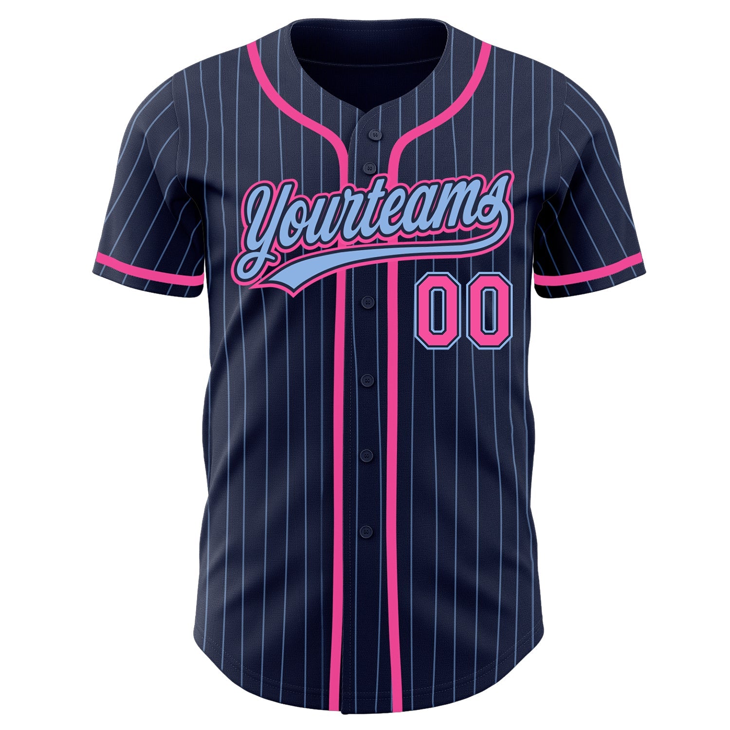 Custom Navy Light Blue Pinstripe Pink Authentic Baseball Jersey view 3