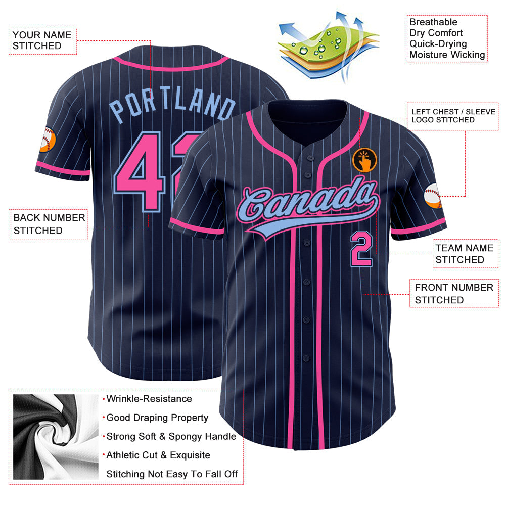 Custom Navy Light Blue Pinstripe Pink Authentic Baseball Jersey view 4