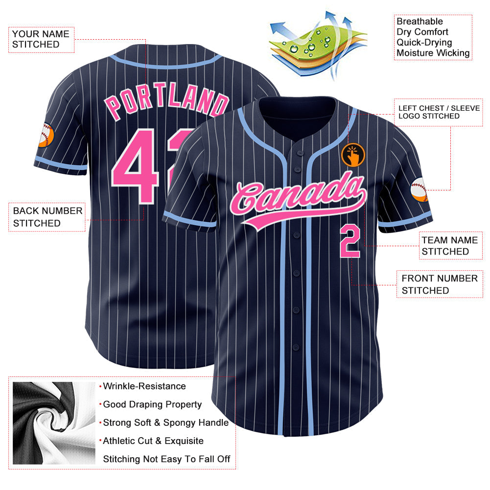 Custom Navy White Pinstripe Pink Authentic Baseball Jersey view 3