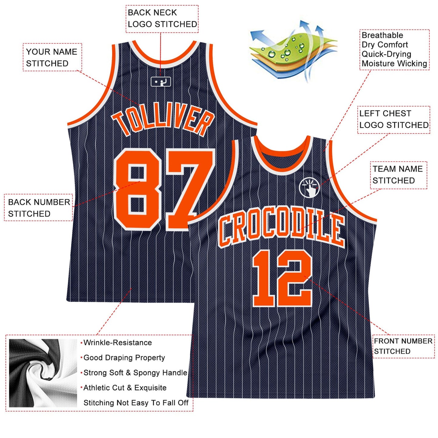 Custom Navy White Pinstripe Orange Authentic Basketball Jersey view 2