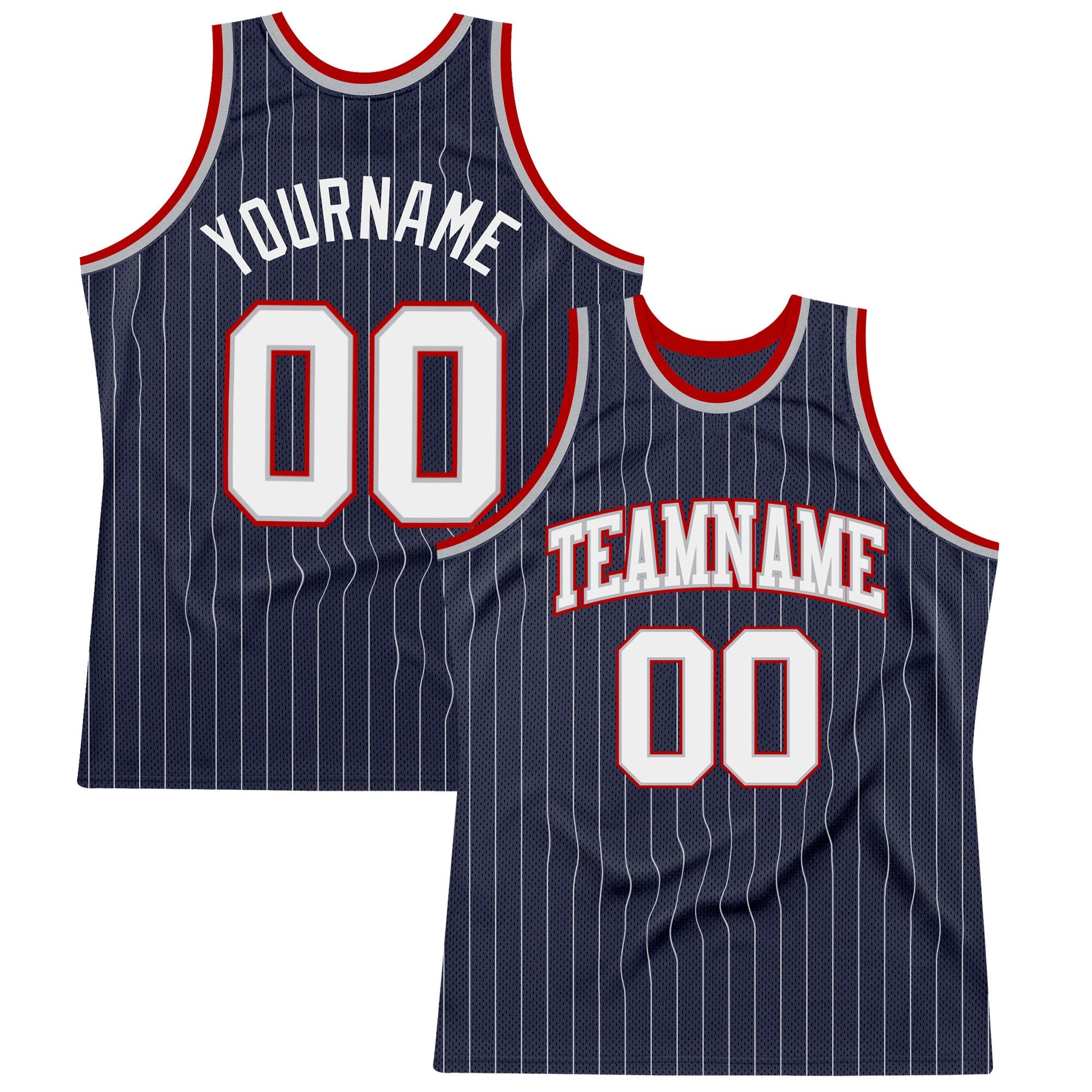 Custom Navy White Pinstripe White Gray-Red Authentic Basketball Jersey - Main View