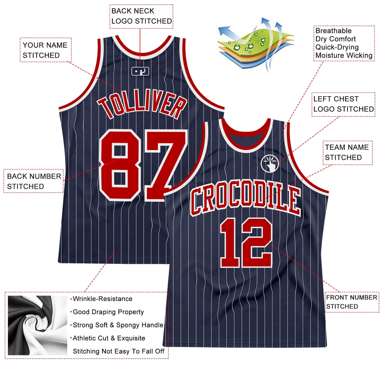 Custom Navy White Pinstripe Red Authentic Basketball Jersey view 2