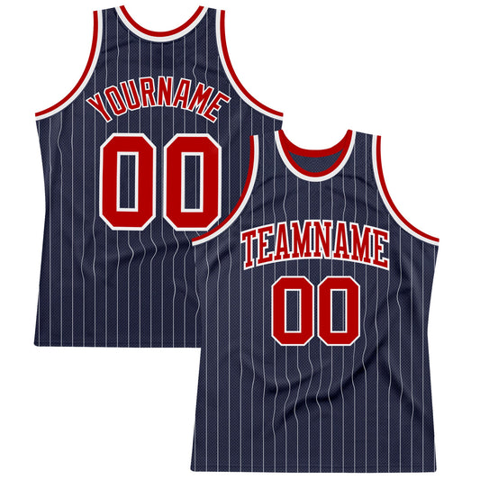 Custom Navy White Pinstripe Red Authentic Basketball Jersey - Main View