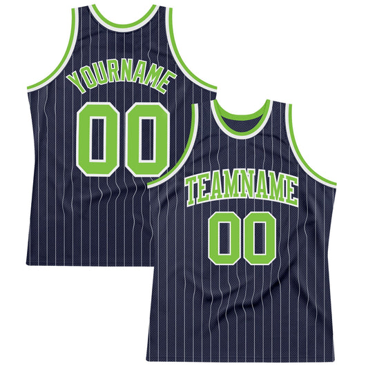 Custom Navy White Pinstripe Neon Green Authentic Basketball Jersey - Main View