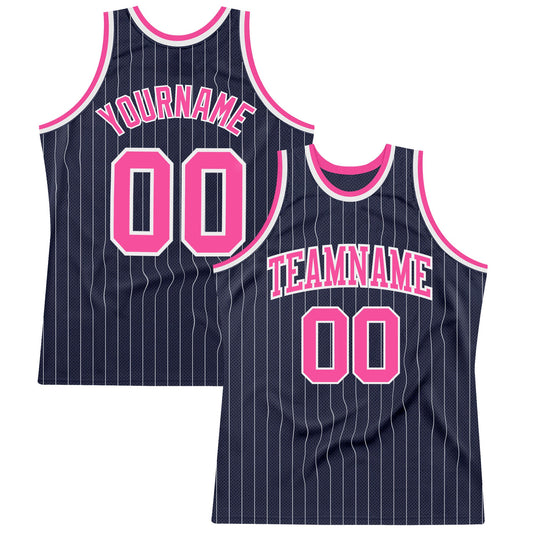 Custom Navy White Pinstripe Pink Authentic Basketball Jersey - Main View
