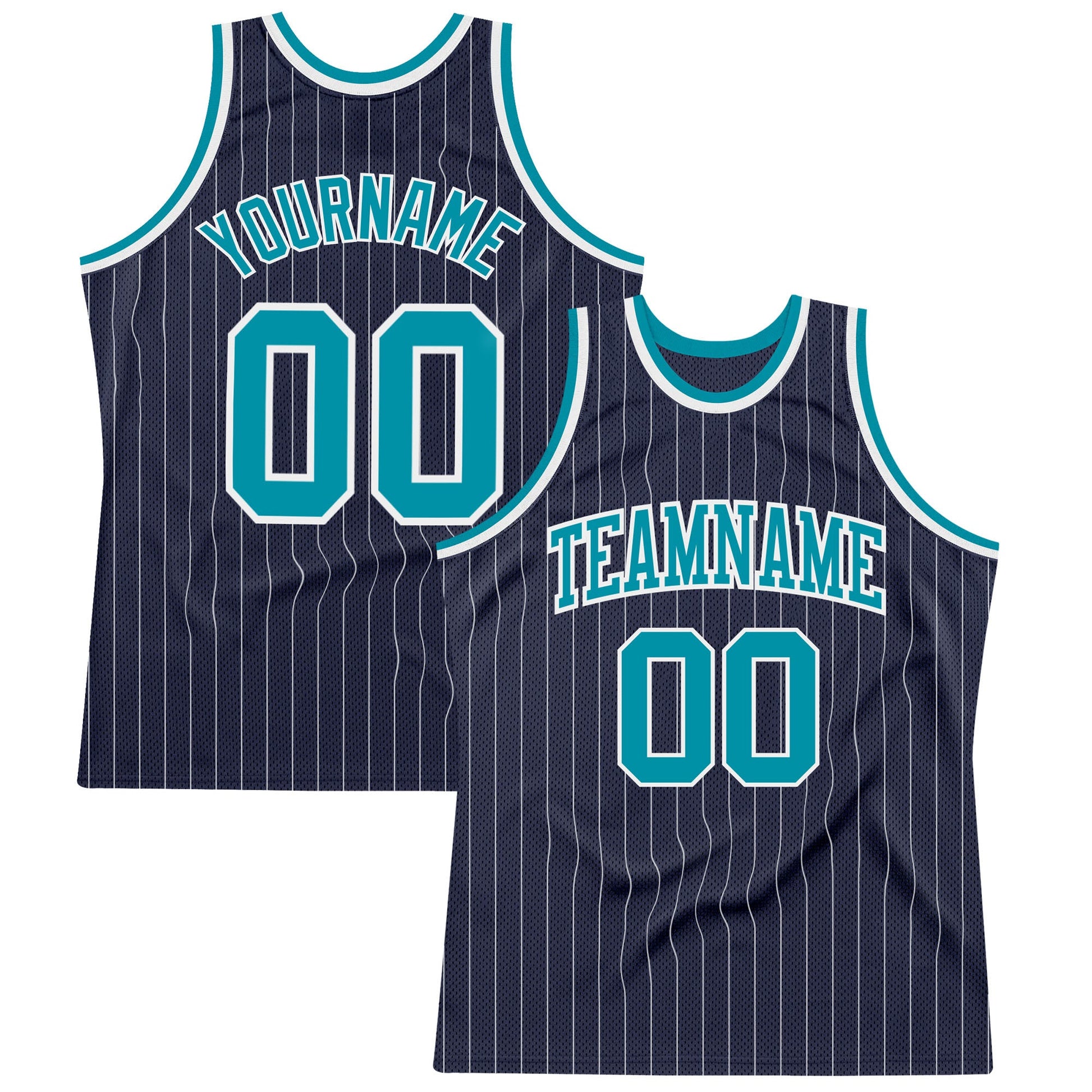 Custom Navy White Pinstripe Teal Authentic Basketball Jersey - Main View
