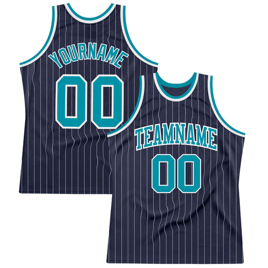 Custom Navy White Pinstripe Teal Authentic Basketball Jersey - Main View