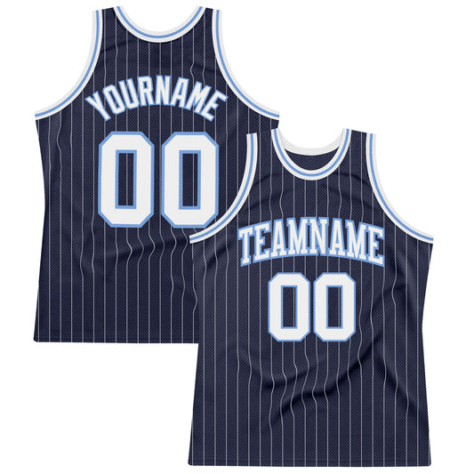 Custom Navy White Pinstripe White-Light Blue Authentic Basketball Jersey - Main View