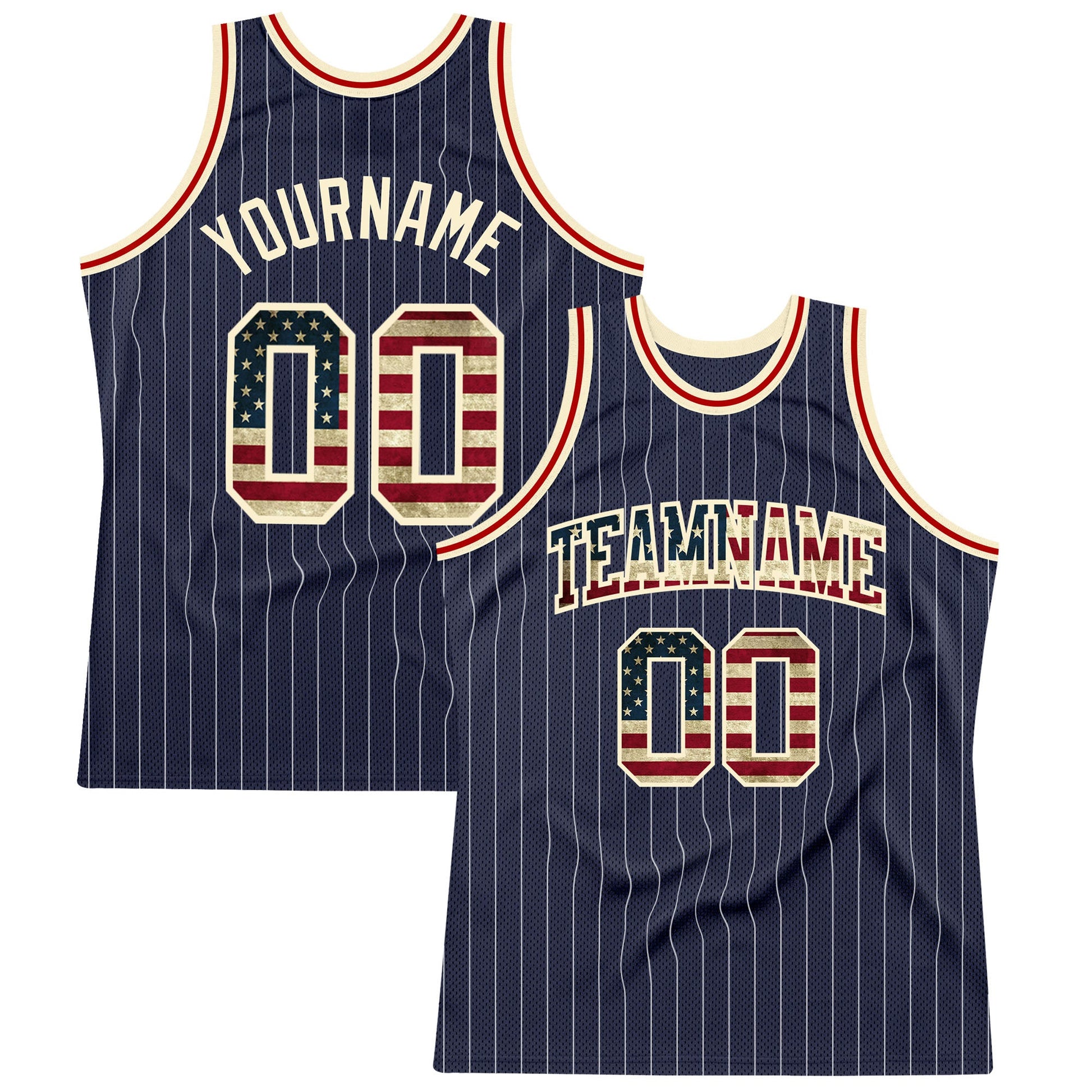 Custom Navy White Pinstripe Vintage USA Flag Cream-Red Authentic Basketball Jersey - Main View