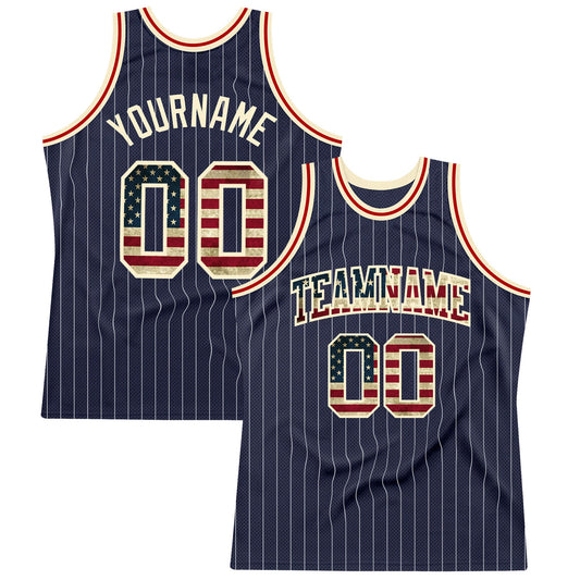 Custom Navy White Pinstripe Vintage USA Flag Cream-Red Authentic Basketball Jersey - Main View