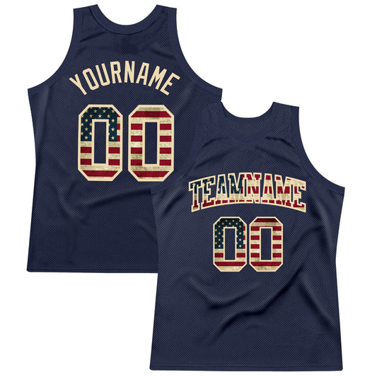 Custom Navy Vintage USA Flag-City Cream Authentic Throwback Basketball Jersey - Main View