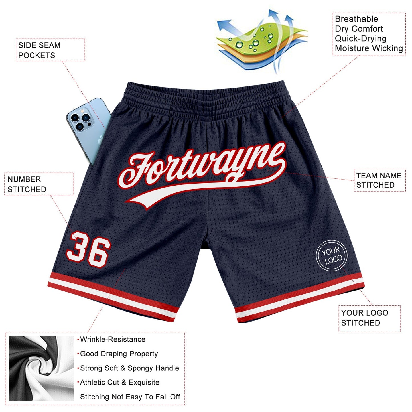 Custom Navy White-Red Authentic Throwback Basketball Shorts view 2