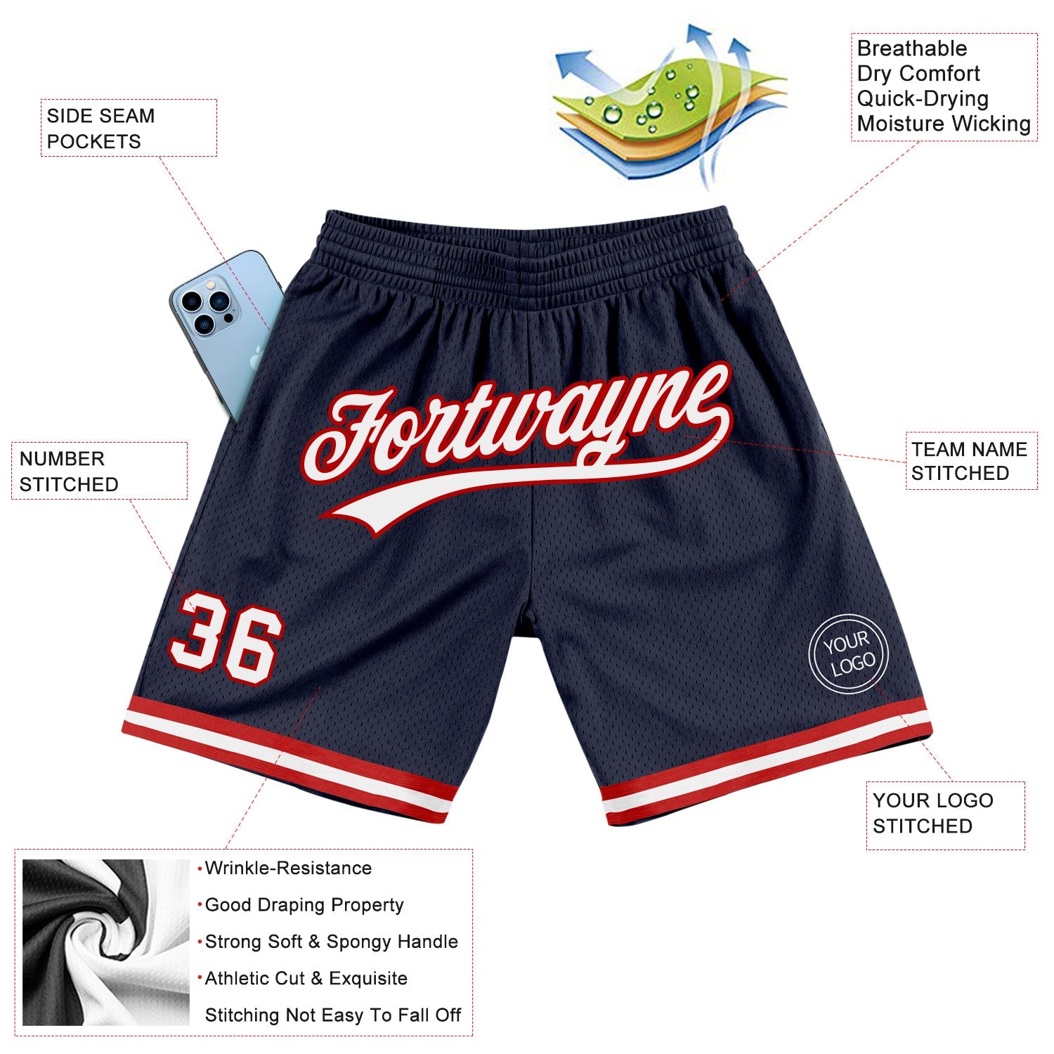 Custom Navy White-Red Authentic Throwback Basketball Shorts view 2