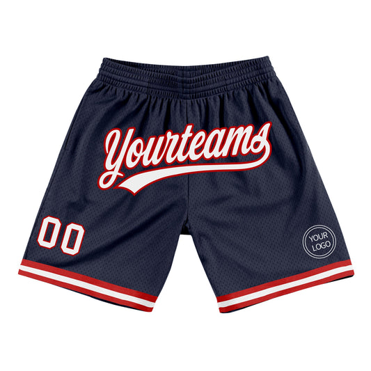 Custom Navy White-Red Authentic Throwback Basketball Shorts - Main View