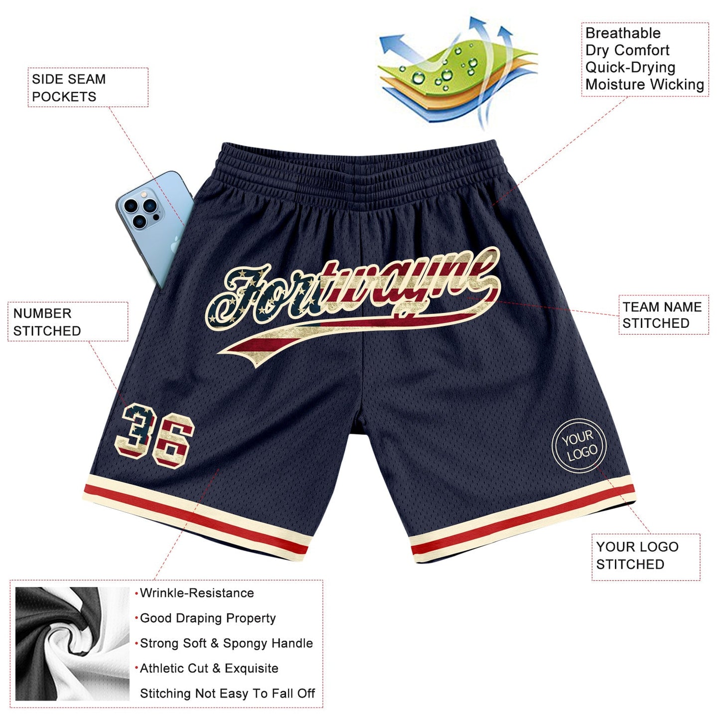 Custom Navy Vintage USA Flag-Cream Authentic Throwback Basketball Shorts view 2