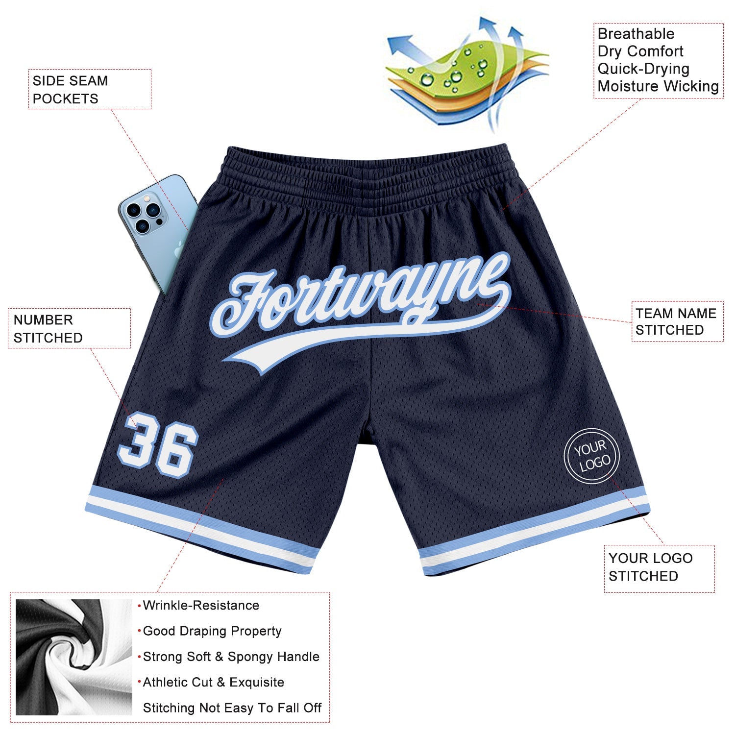 Custom Navy White-Light Blue Authentic Throwback Basketball Shorts view 2