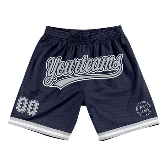 Custom Navy Gray-White Authentic Throwback Basketball Shorts - Main View