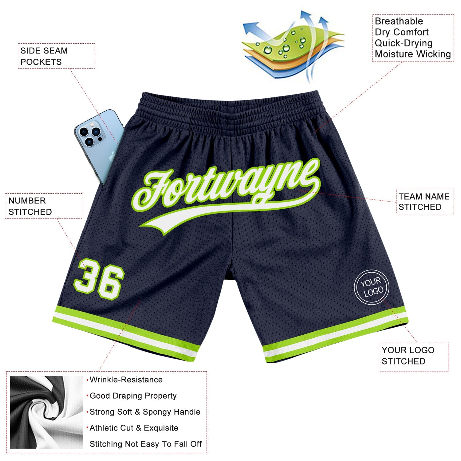 Custom Navy White-Neon Green Authentic Throwback Basketball Shorts view 2