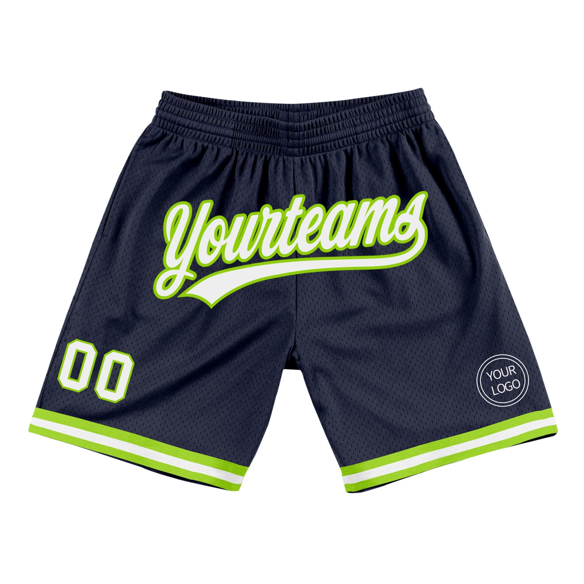 Custom Navy White-Neon Green Authentic Throwback Basketball Shorts - Main View