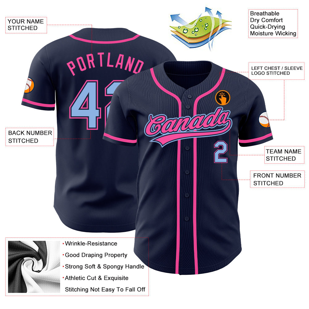 Custom Navy Light Blue-Pink Authentic Baseball Jersey view 3