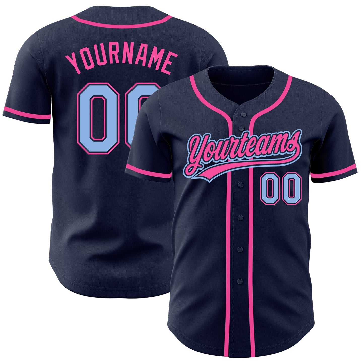 Custom Navy Light Blue-Pink Authentic Baseball Jersey - Main View