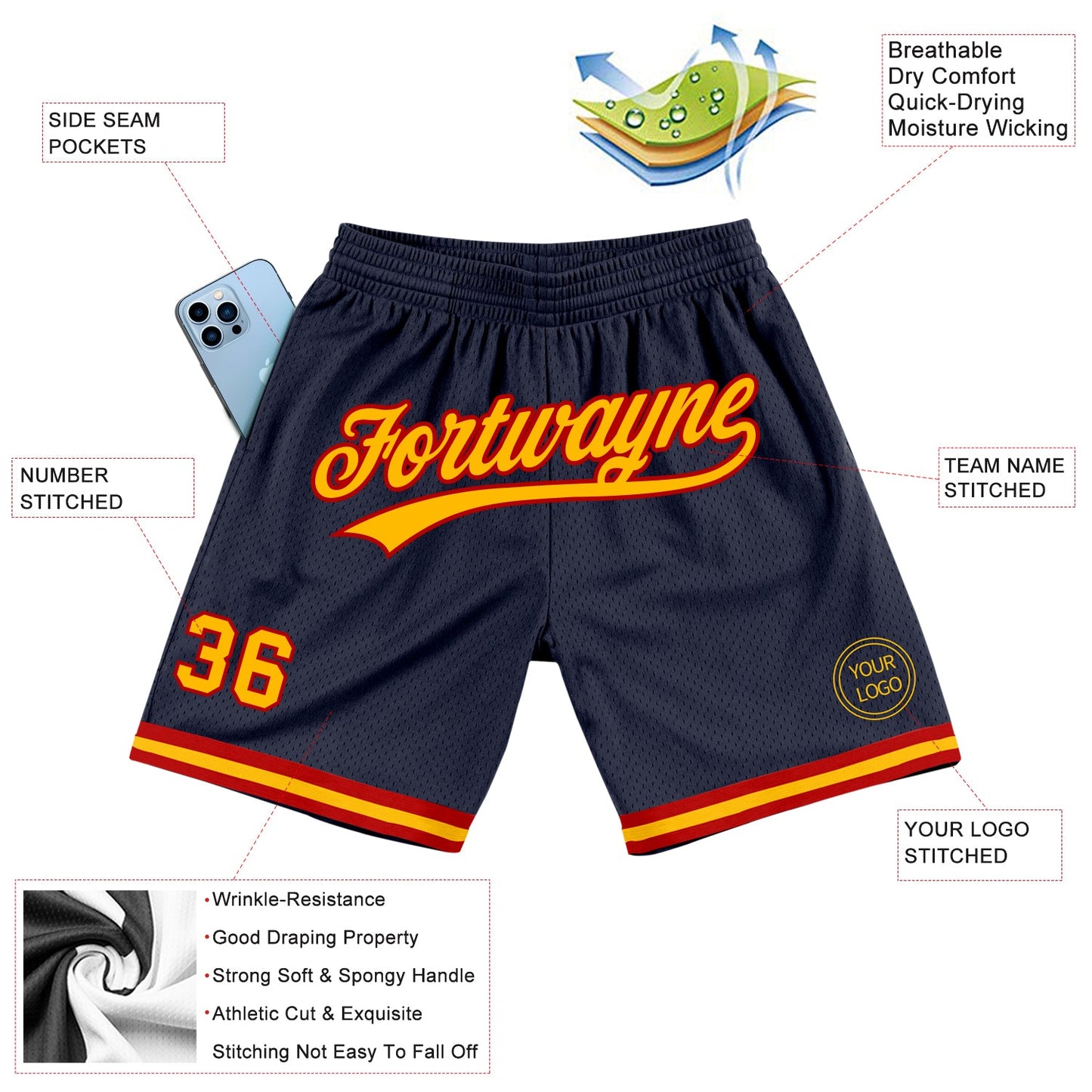Custom Navy Gold-Red Authentic Throwback Basketball Shorts view 2