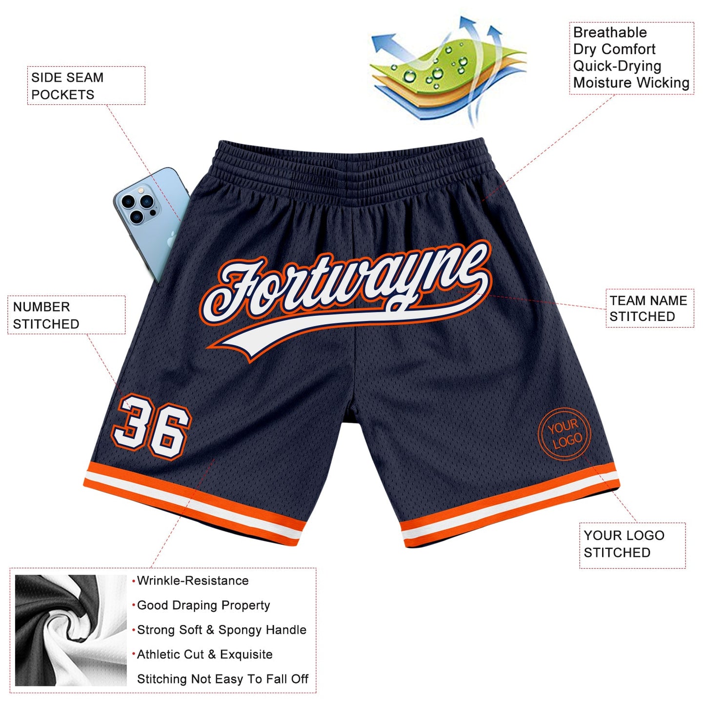 Custom Navy White-Orange Authentic Throwback Basketball Shorts view 2
