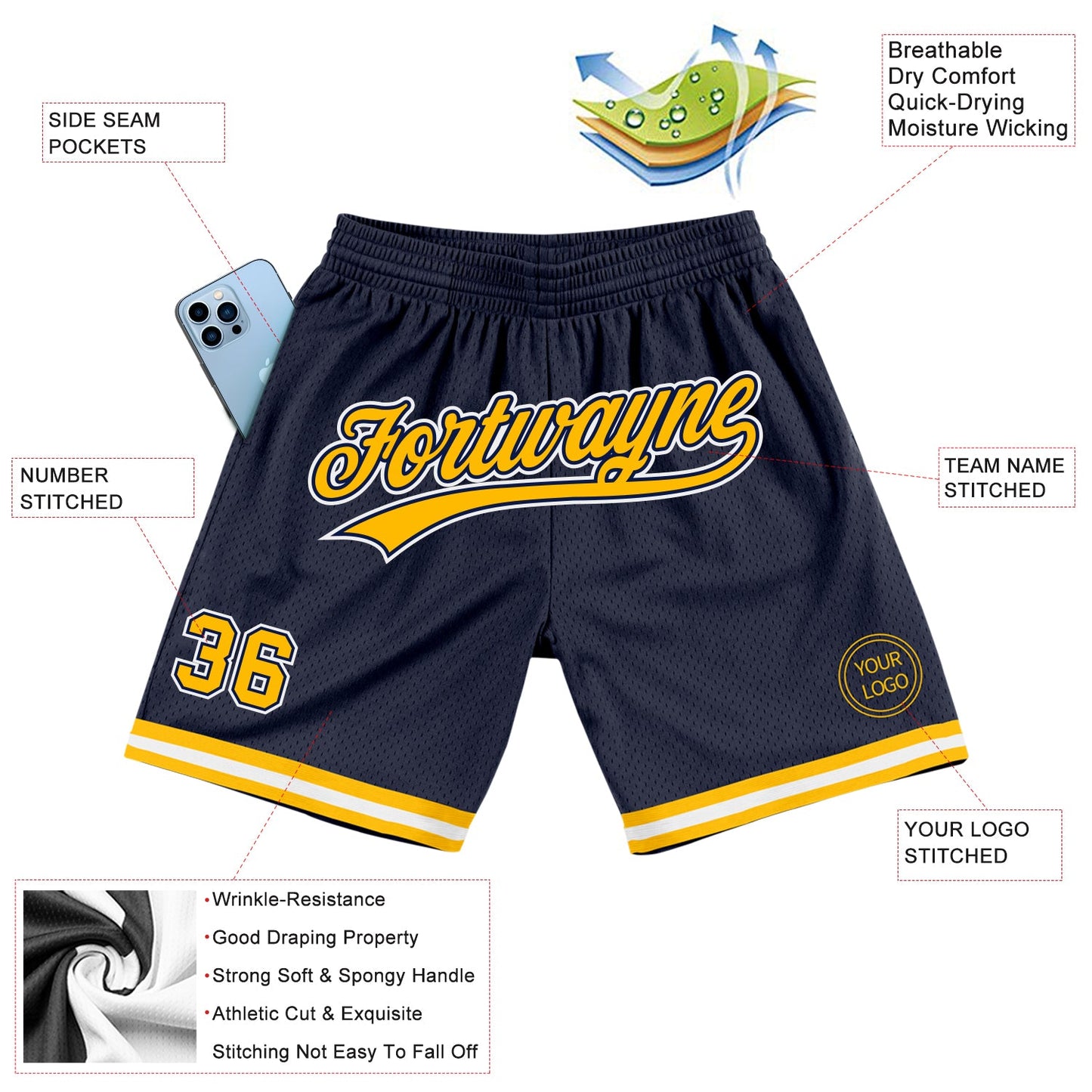 Custom Navy Gold-White Authentic Throwback Basketball Shorts view 2