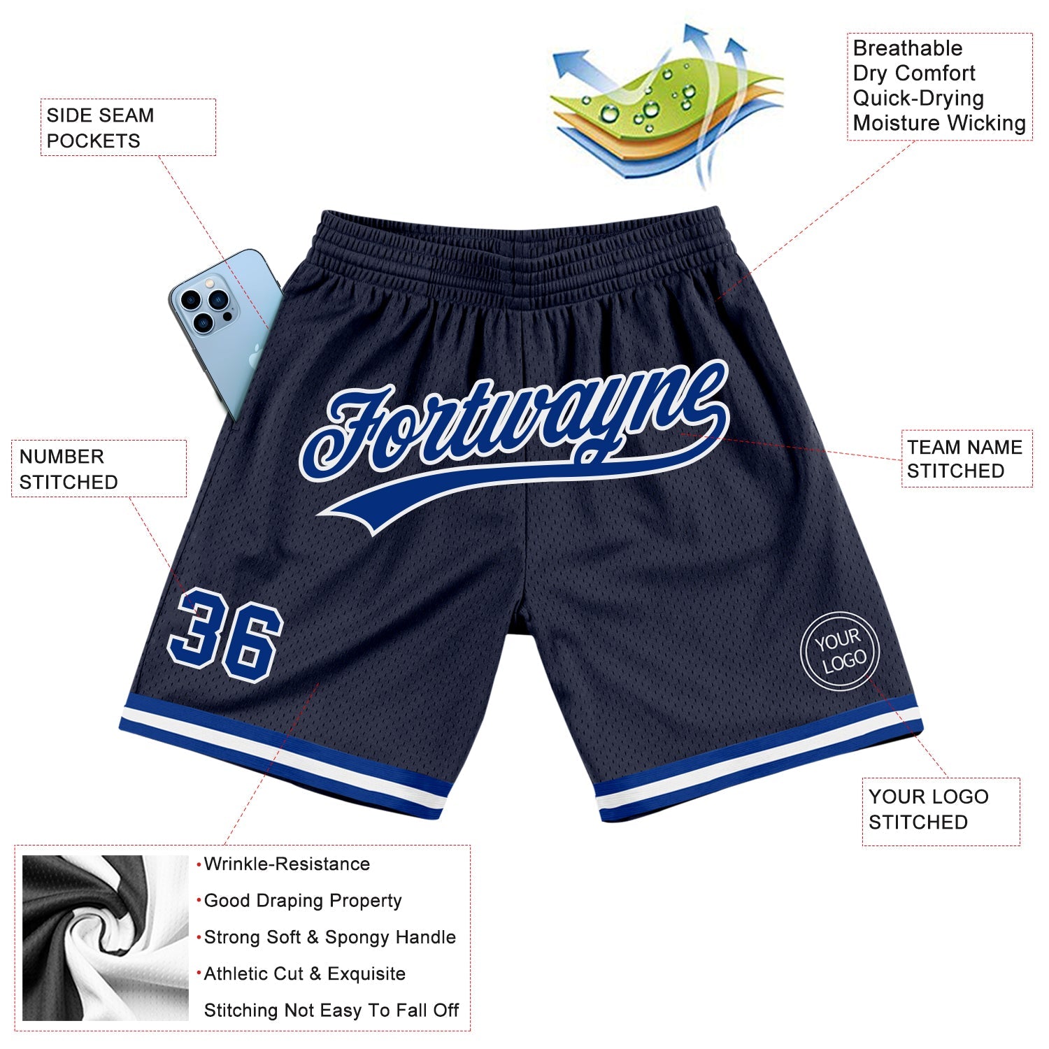 Custom Navy Royal-White Authentic Throwback Basketball Shorts view 2
