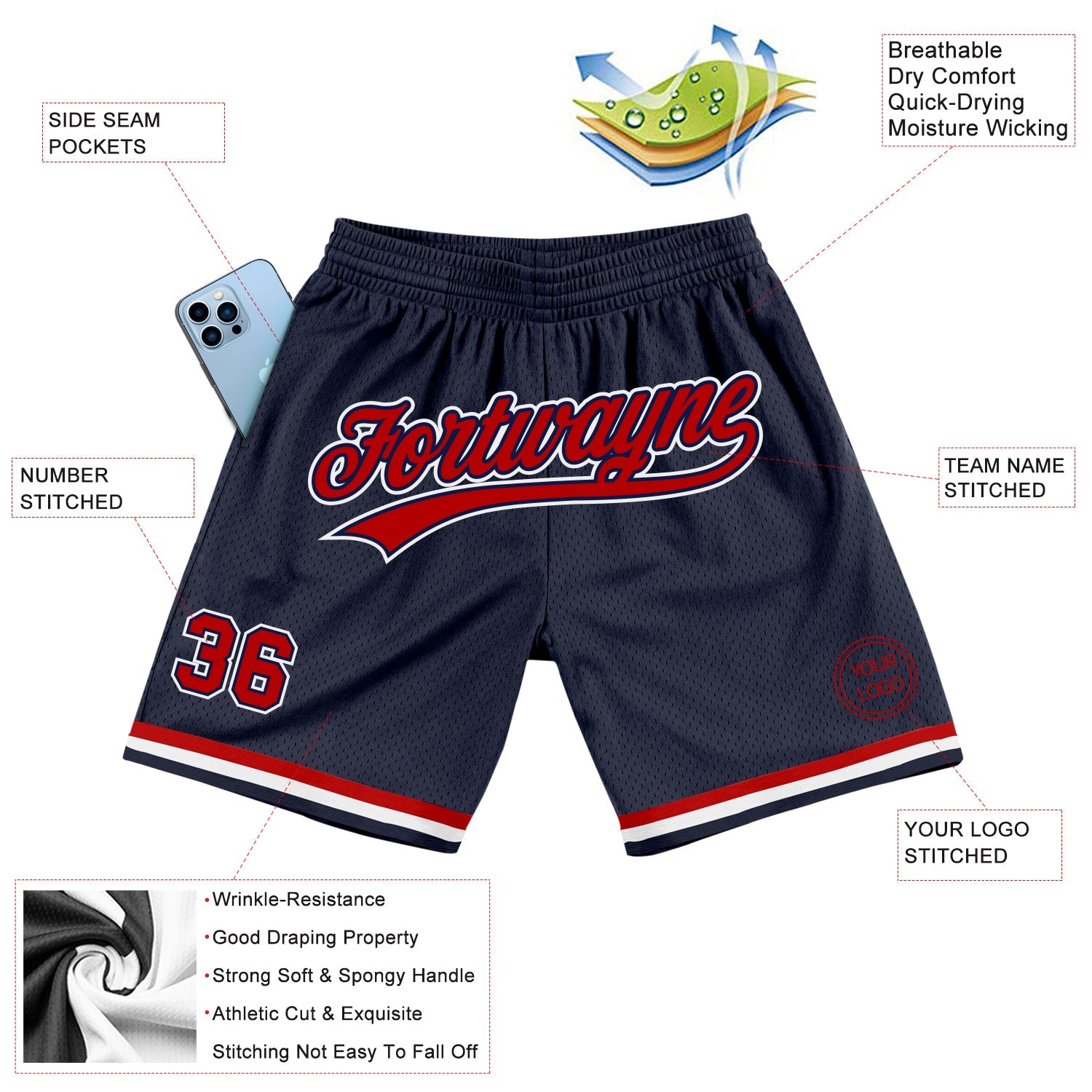Custom Navy Red-White Authentic Throwback Basketball Shorts view 2