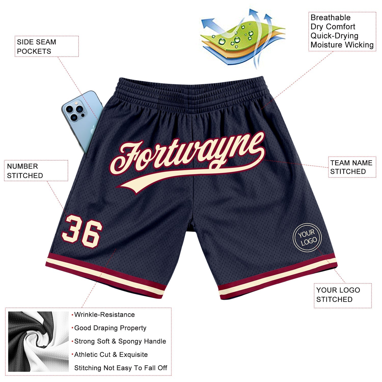 Custom Navy Cream-Maroon Authentic Throwback Basketball Shorts view 2