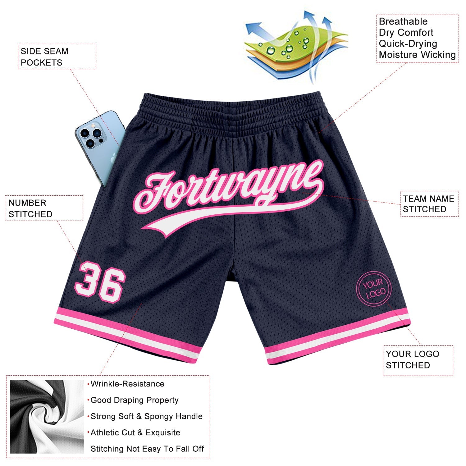 Custom Navy White-Pink Authentic Throwback Basketball Shorts view 2