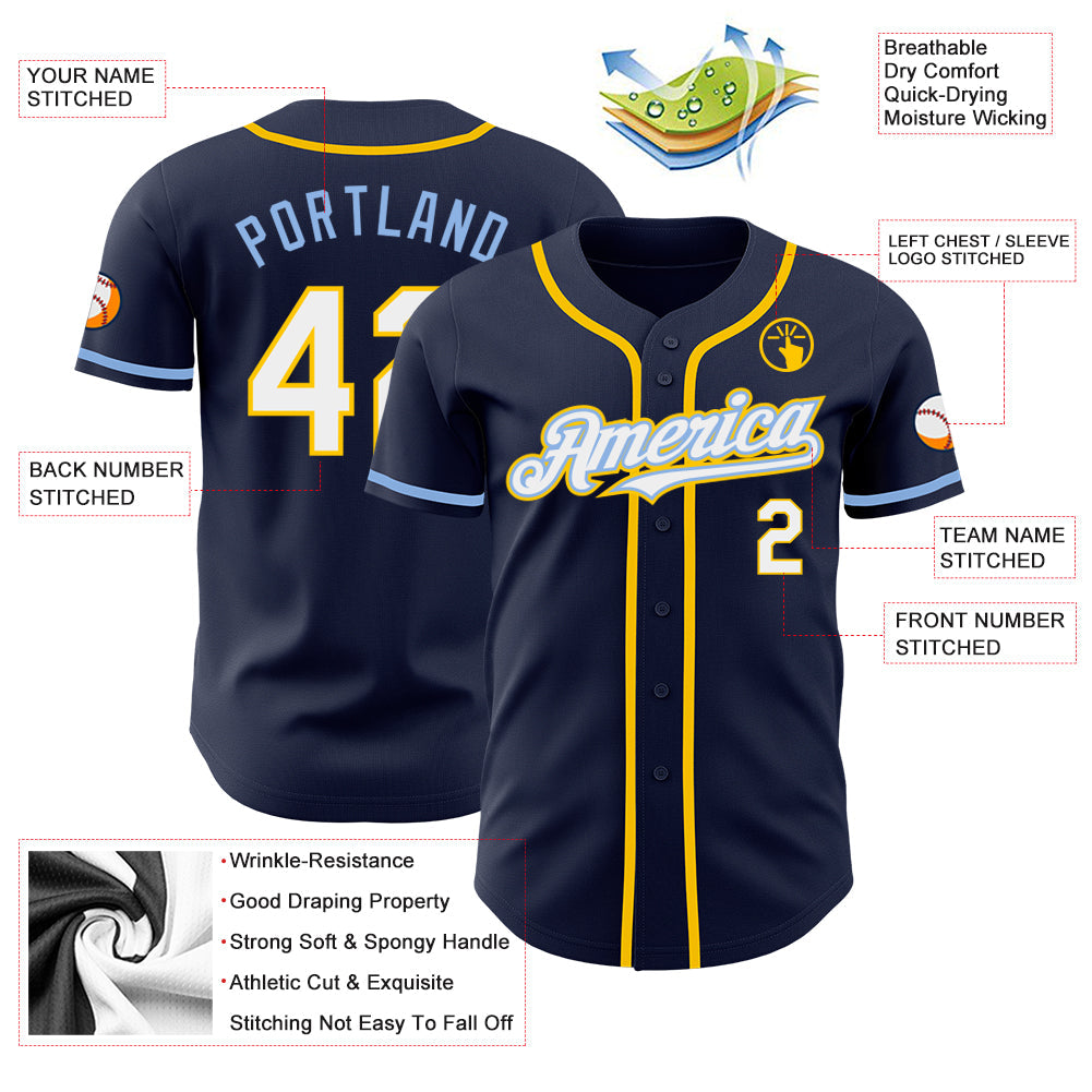 Custom Navy White Yellow-Light Blue Authentic Baseball Jersey view 3