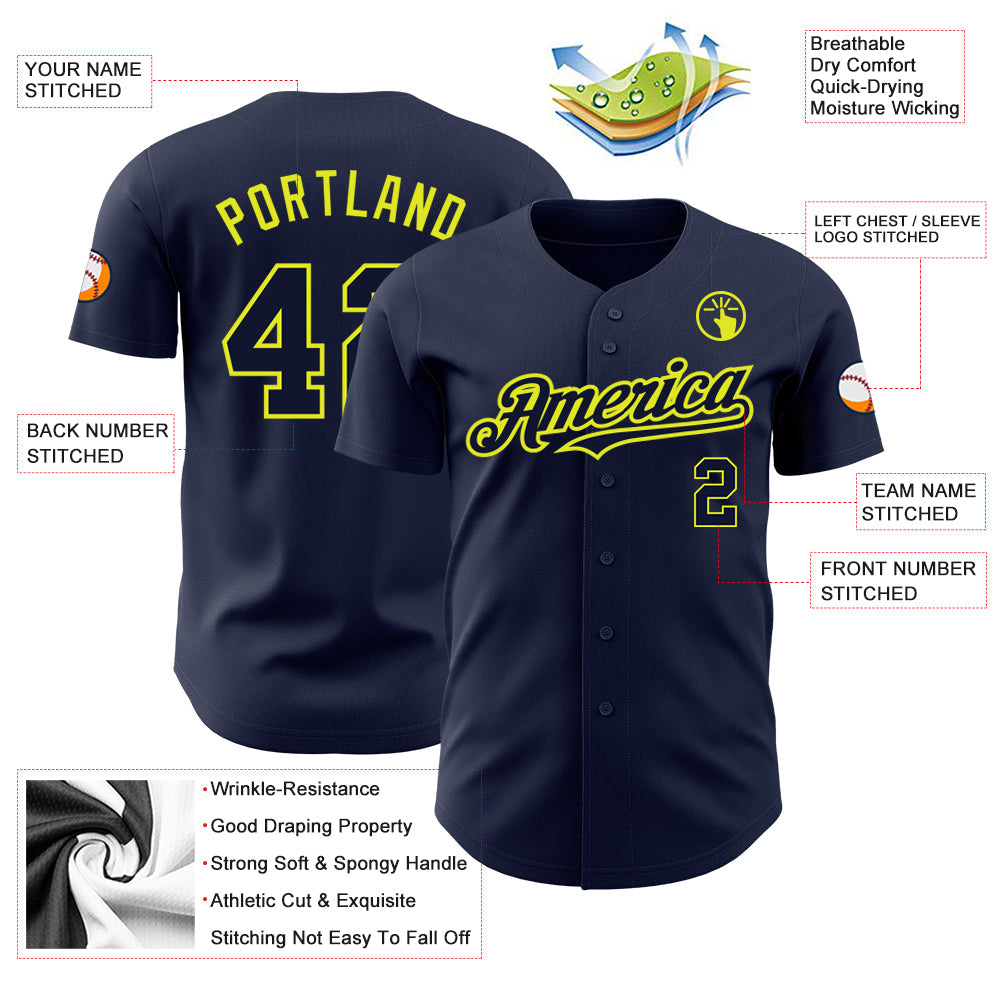 Custom Navy Neon Yellow Authentic Baseball Jersey view 3