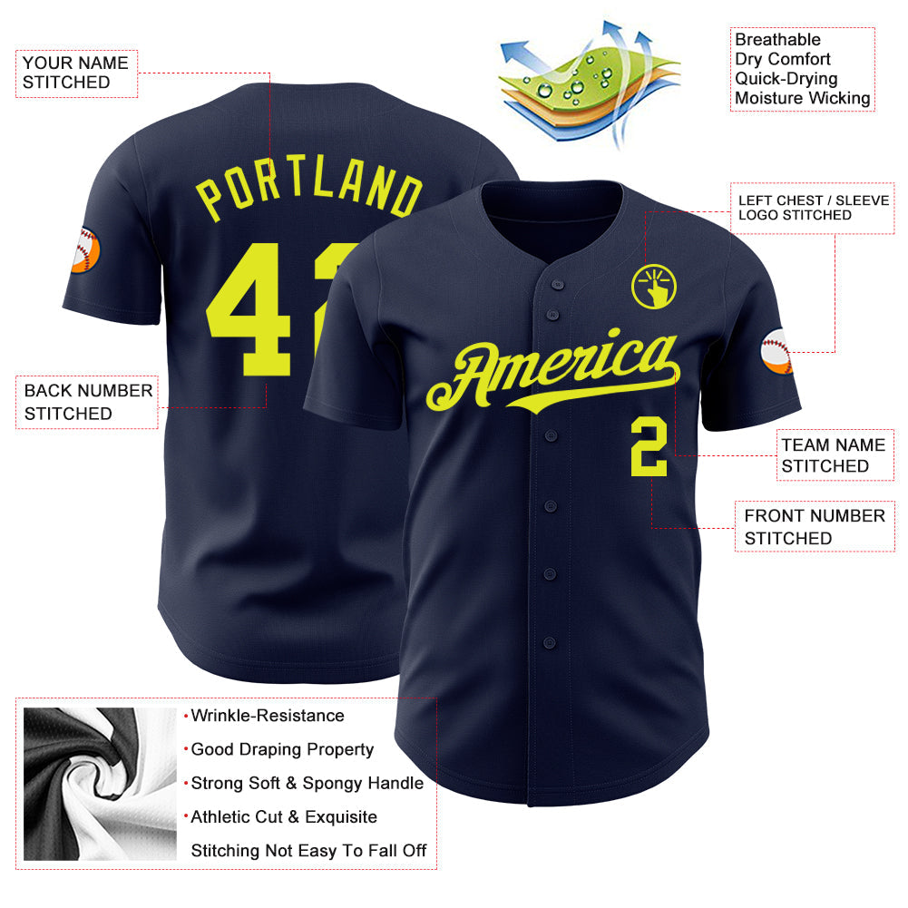 Custom Navy Neon Yellow Authentic Baseball Jersey view 3