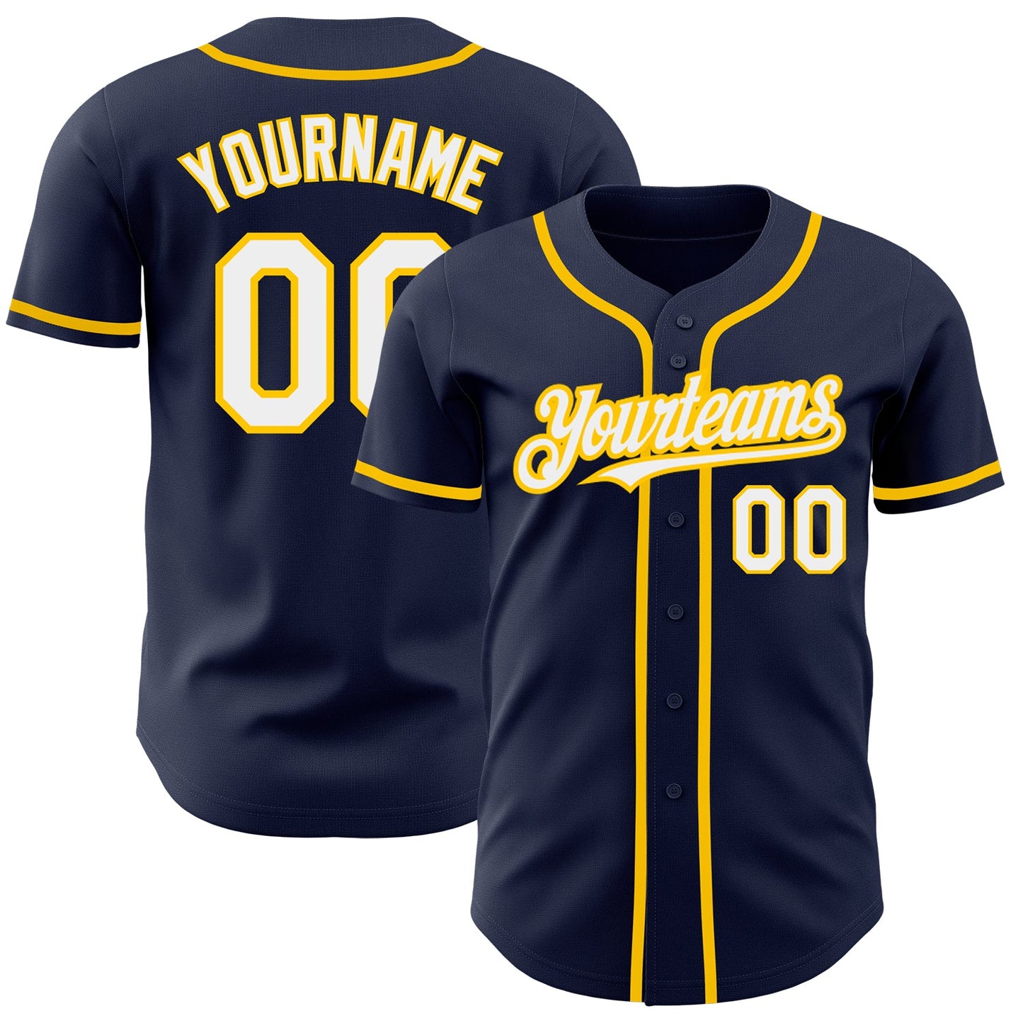 Custom Navy White-Yellow Authentic Baseball Jersey - Main View