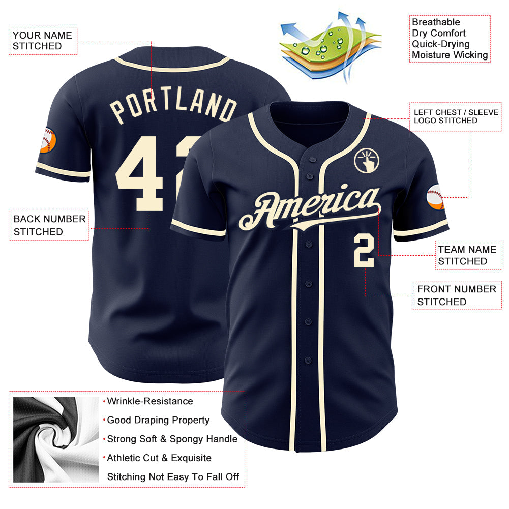 Custom Navy Cream Authentic Baseball Jersey view 3
