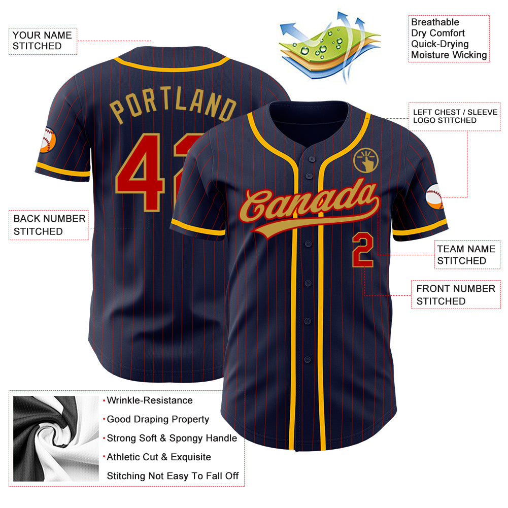 Custom Navy Red Pinstripe Old Gold Authentic Baseball Jersey view 3