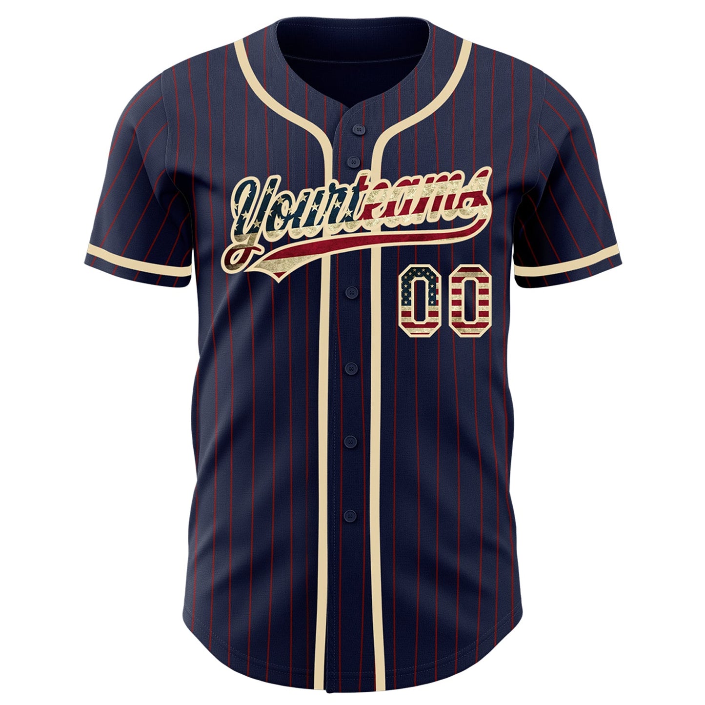 Custom Navy Red Pinstripe Vintage USA Flag-City Cream Authentic Baseball Jersey view 2