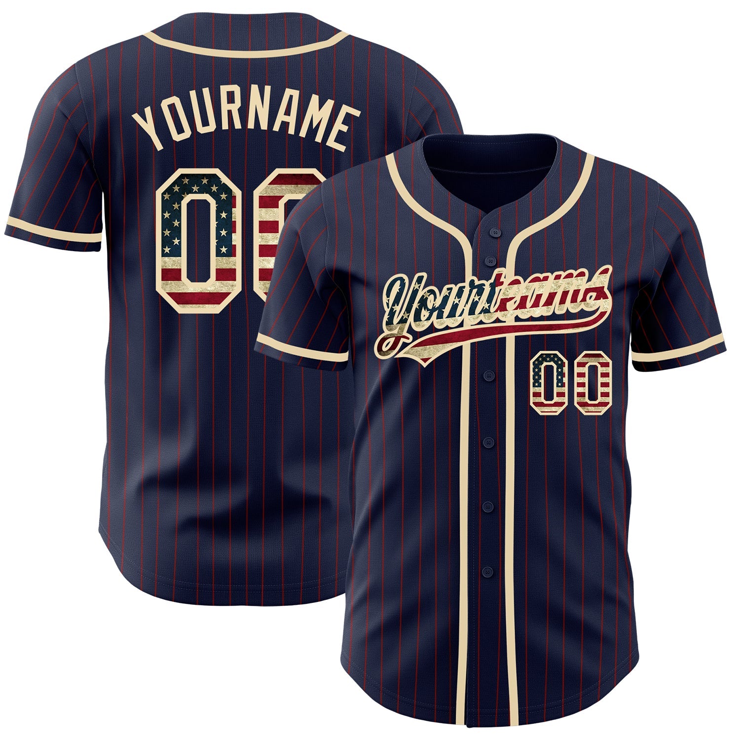 Custom Navy Red Pinstripe Vintage USA Flag-City Cream Authentic Baseball Jersey - Main View
