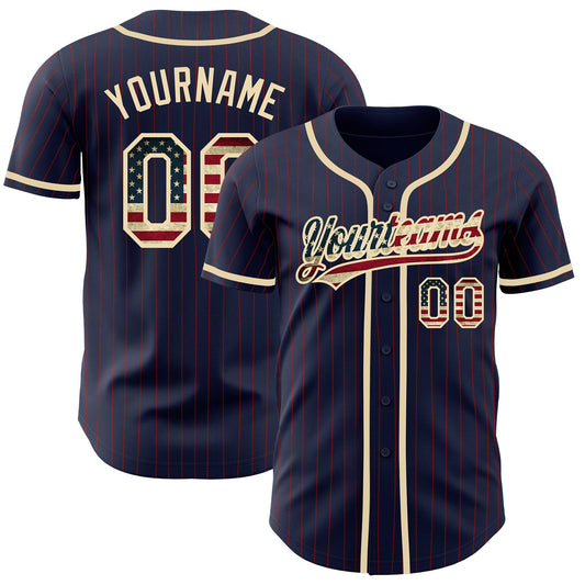 Custom Navy Red Pinstripe Vintage USA Flag-City Cream Authentic Baseball Jersey - Main View