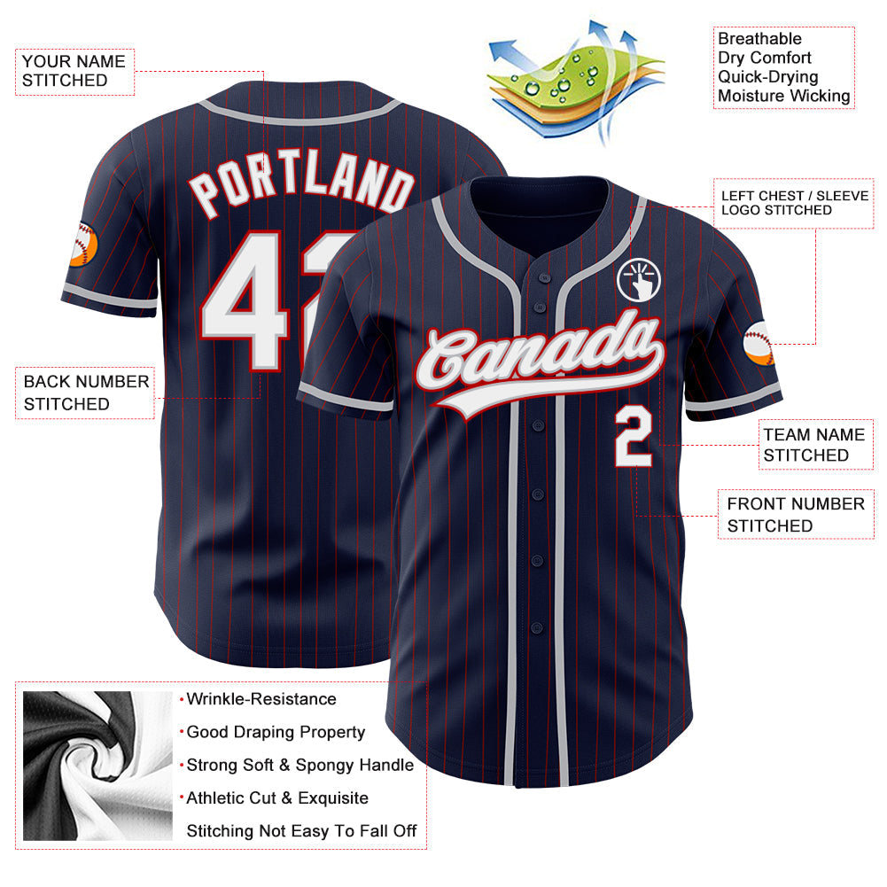 Custom Navy Red Pinstripe White-Gray Authentic Baseball Jersey view 3