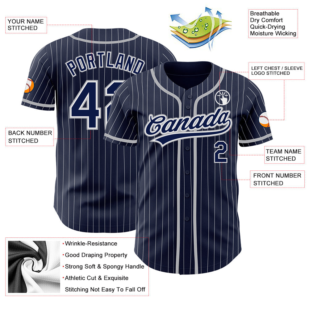 Custom Navy White Pinstripe Gray Authentic Baseball Jersey view 3