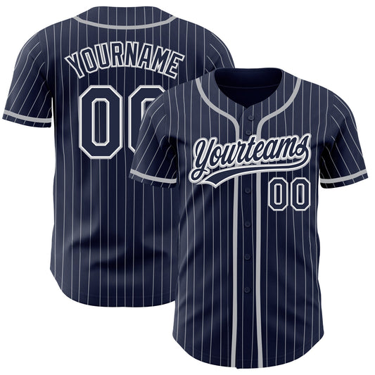 Custom Navy White Pinstripe Gray Authentic Baseball Jersey - Main View