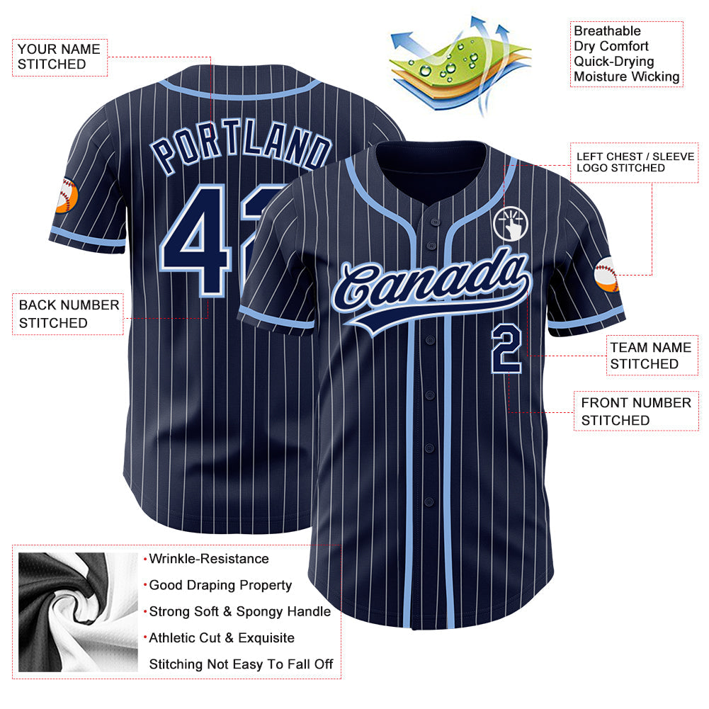 Custom Navy White Pinstripe Light Blue Authentic Baseball Jersey view 3