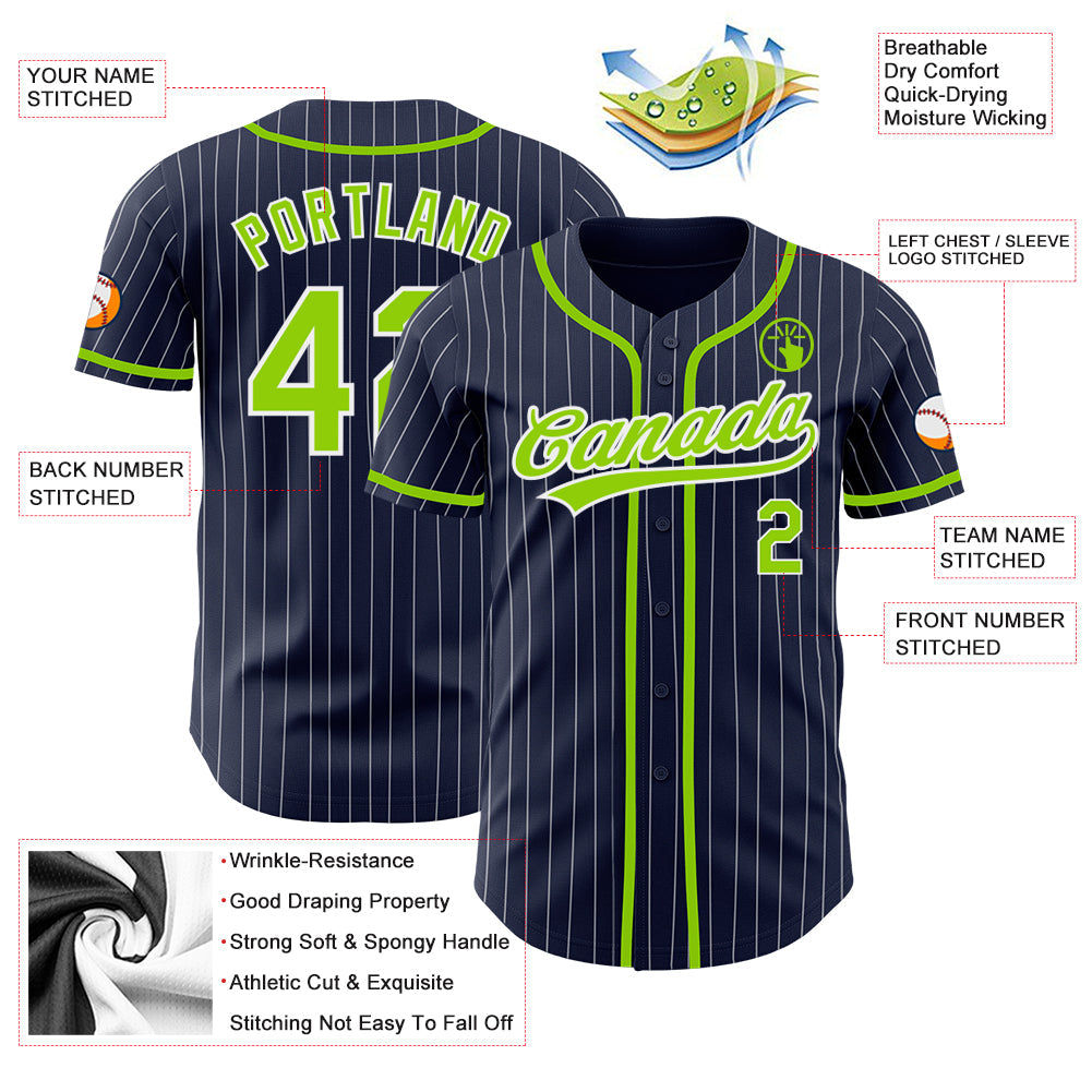 Custom Navy White Pinstripe Neon Green Authentic Baseball Jersey view 3