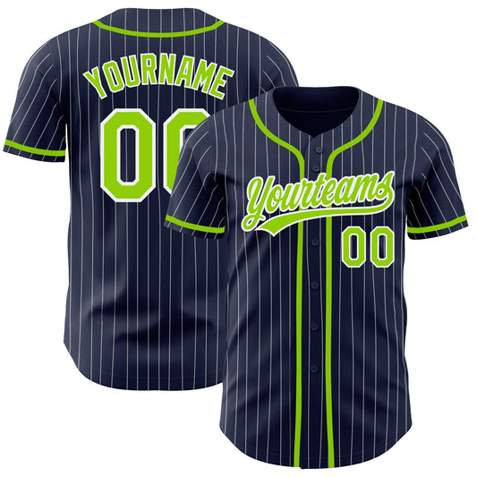 Custom Navy White Pinstripe Neon Green Authentic Baseball Jersey - Main View