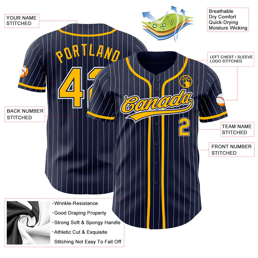 Custom Navy White Pinstripe Gold Authentic Baseball Jersey view 3