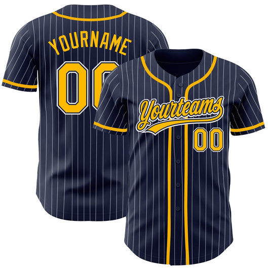 Custom Navy White Pinstripe Gold Authentic Baseball Jersey - Main View